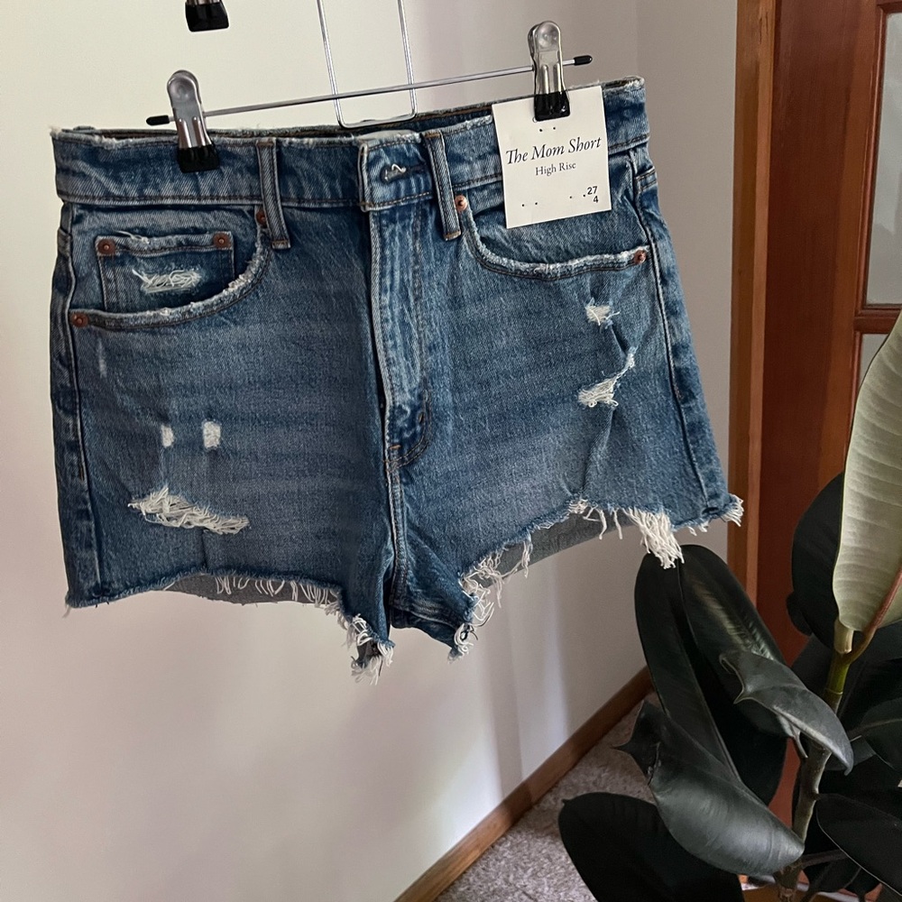 Abercrombie The Mom Short High-Rise Distressed Denim Shorts - Blue